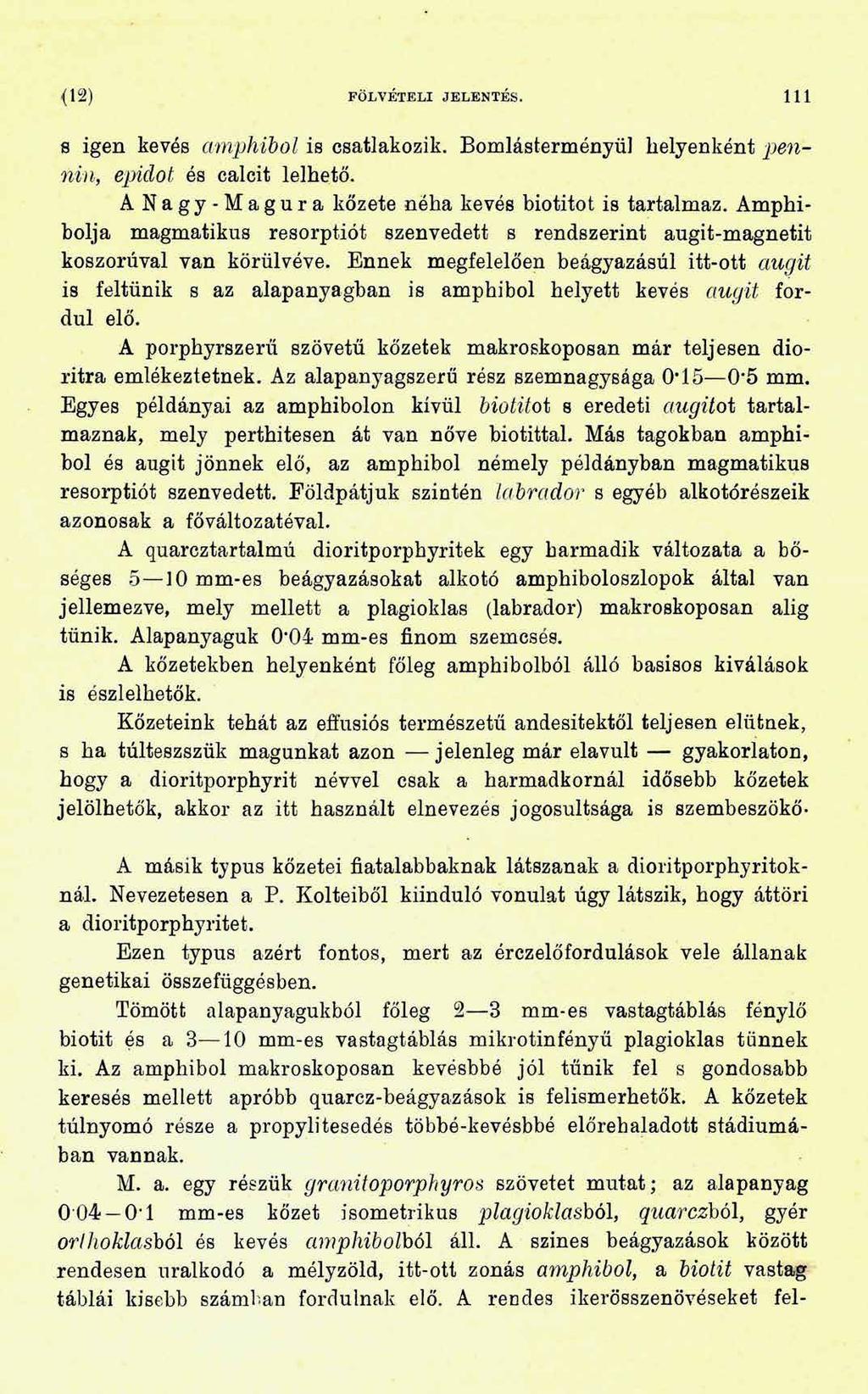 {1 2 ) FÖLVÉTELI JELENTÉS. 111 s igen kevés amphibol is csatlakozik. Bomlásterményül helyenként pennin, epidot és calcit lelhető. ANagy-Magura kőzete néha kevés biotitot is tartalmaz.