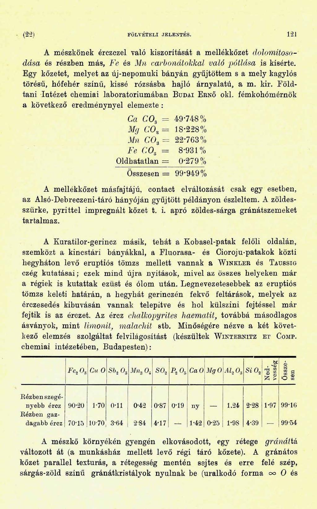 (2*2) FÖLVÉTELI JELENTÉS. 121 A mészkőnek érczczel való kiszorítását a mellékkőzet dolomitosodása és részben más, Fe és Mn carbonátokkal való pótlása is kísérte.