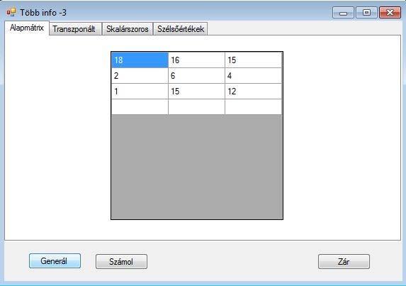49 / 191 2013.11.04. 8:03 18.42. forráskód. Kiinduló mátrix generálása private void buttonalap_click(object sender, EventArgs e) Random rnd = new Random(); int i, j, szam; datagridalap.rows.