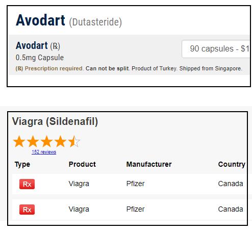 23. ábra: A felső forgalmazó (www.planetdrugsdirect.com) csak a származási országot tünteti fel (illetve, hogy honnan érkezik a termék). Az alsó forgalmazó (www.canadapharmacyonline.