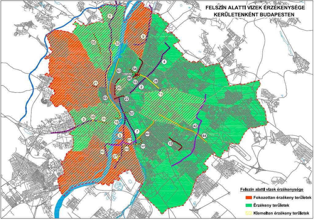 3-9. ábra: Felszín alatti víz szempontjából fokozottan érzékeny és érzékeny felszín alatti vízminőség védelmi területek; valamint kiemelten érzékeny területek (OTrT) Forrás: Budapest közlekedési