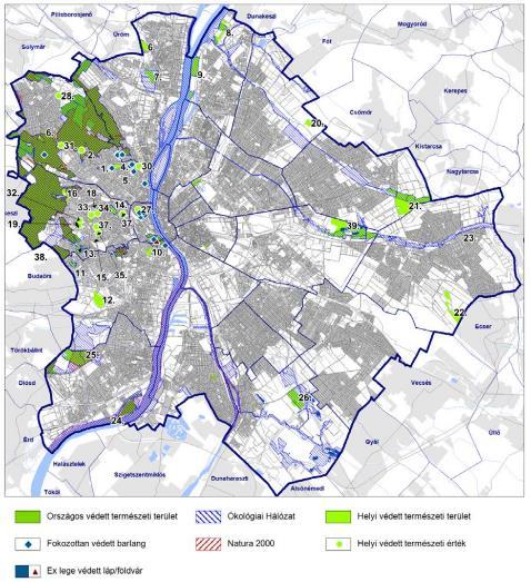 3-4. ábra: Természeti értékek Budapesten Forrás: Budapest Főváros Településszerkezeti Terve, DINPI A főváros településszerkezeti terve a biológiailag aktív felületek növelését a város teljes