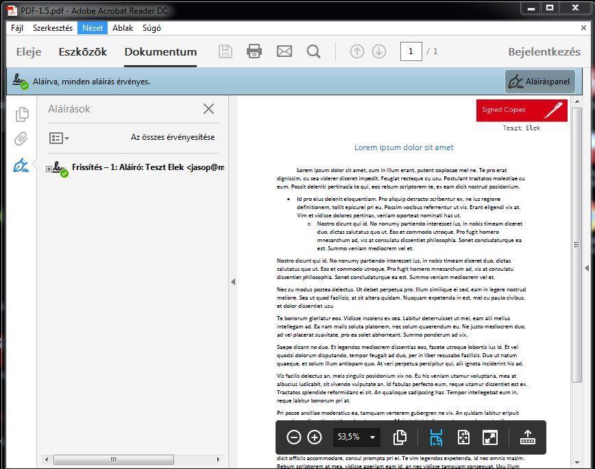 Látható aláíráskép megtekintése Adobe Acrobat DC-ben Sikeres aláírás után az aláírt PDF dokumentum