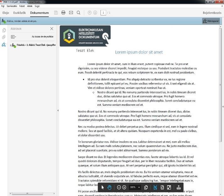 A dokumentum letöltése és Adobe Reader DC-vel történő megnyitása után az aláíráskép a kiválasztott