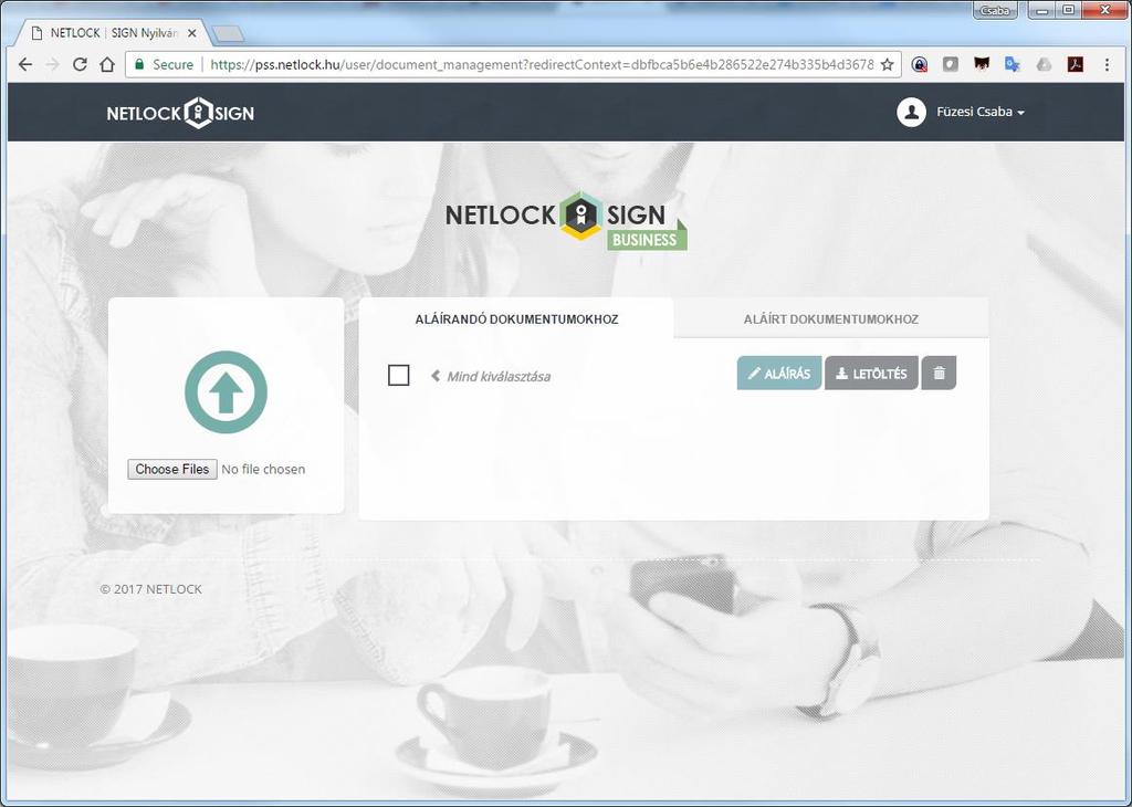 Dokumentum feltöltése A NETLOCK SIGN Business aláíró portál nyitóoldalának a bal oldalán található a
