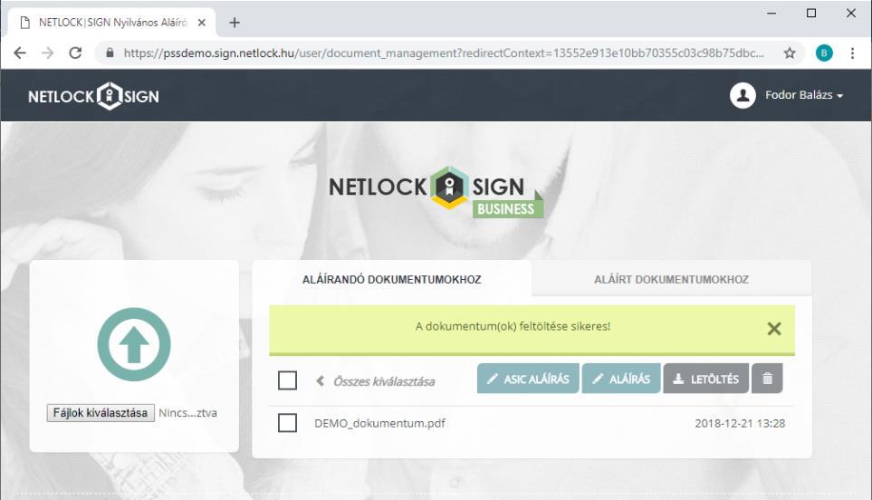 A NETLOCK SIGN Business aláíró portál jobb oldalán két fül alá rendezve vannak csoportosítva a dokumentumok.