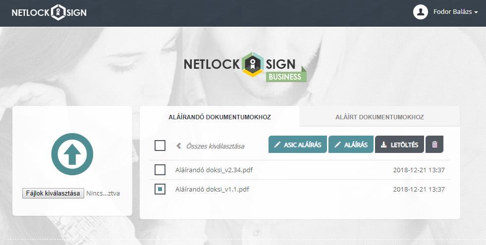 Dokumentum aláírása (egyszeri és tömeges) Az Aláírandó dokumentumok fül alatt található a már feltöltött, de még alá nem írt dokumentumok listája.