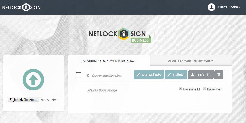 A NETLOCK SIGN aláíró felületen látható az aláírást kezdeményező végfelhasználó neve, azonosítója, az aláírandó dokumentum neve, lenyomata és az aláíró végfelhasználó NETLOCK SIGN rendszerben