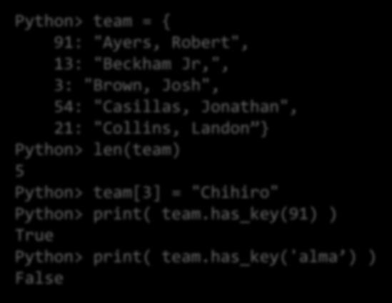 Szótár Python> team = { 91: "Ayers, Robert", 13: "Beckham Jr,", 3: "Brown, Josh", 54: "Casillas, Jonathan", 21: "Collins, Landon }