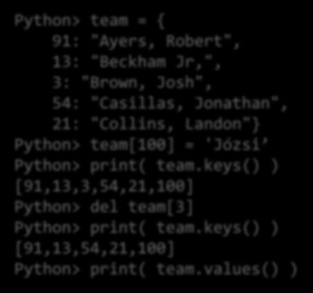 Szótár Python> team = { 91: "Ayers, Robert", 13: "Beckham Jr,", 3: "Brown, Josh", 54: "Casillas, Jonathan", 21: "Collins, Landon"} Python> team[100] =