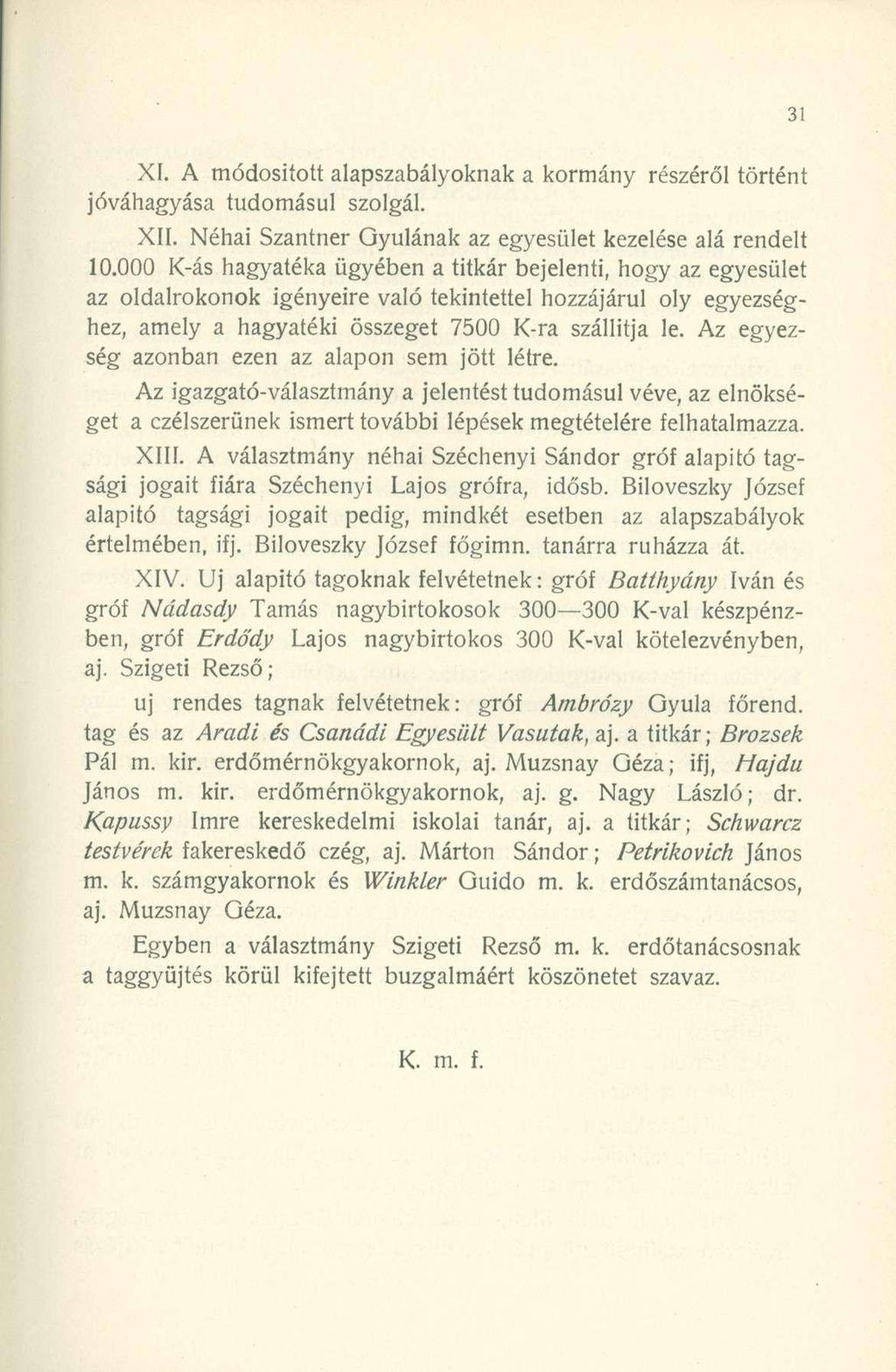 XI. A módosított alapszabályoknak a kormány részéről történt jóváhagyása tudomásul szolgál. XII. Néhai Szantner Gyulának az egyesület kezelése alá rendelt 10.