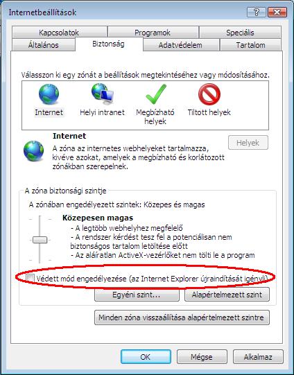 9. Tanúsítvány használat Windows Vista rendszeren A Windows Vista rendszer alapértelmezés szerint az Internet Explorert egy ún.