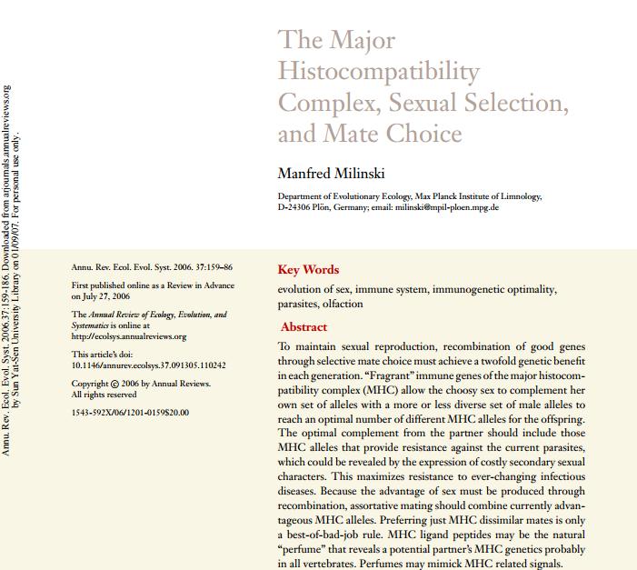 Hypothesis: if individuals heterozygous at the MHC are more resistant to parasites than those that are homozygous, then it is beneficial for females to choose mates with MHC genes different from