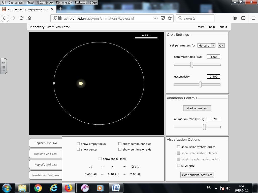 20. tétel Kepler törvényeinek bemutatása bolygópálya-szimulációval A csatolt program segítségével mutassa be és értelmezze Kepler törvényeit! http://astro.unl.edu/classaction/loader.html?