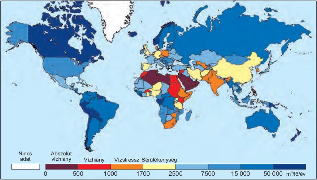 Egy főre eső megújuló vízkészlet a világban (UN Water, 2015) Az arab világban a Föld népességének 5%-ára a