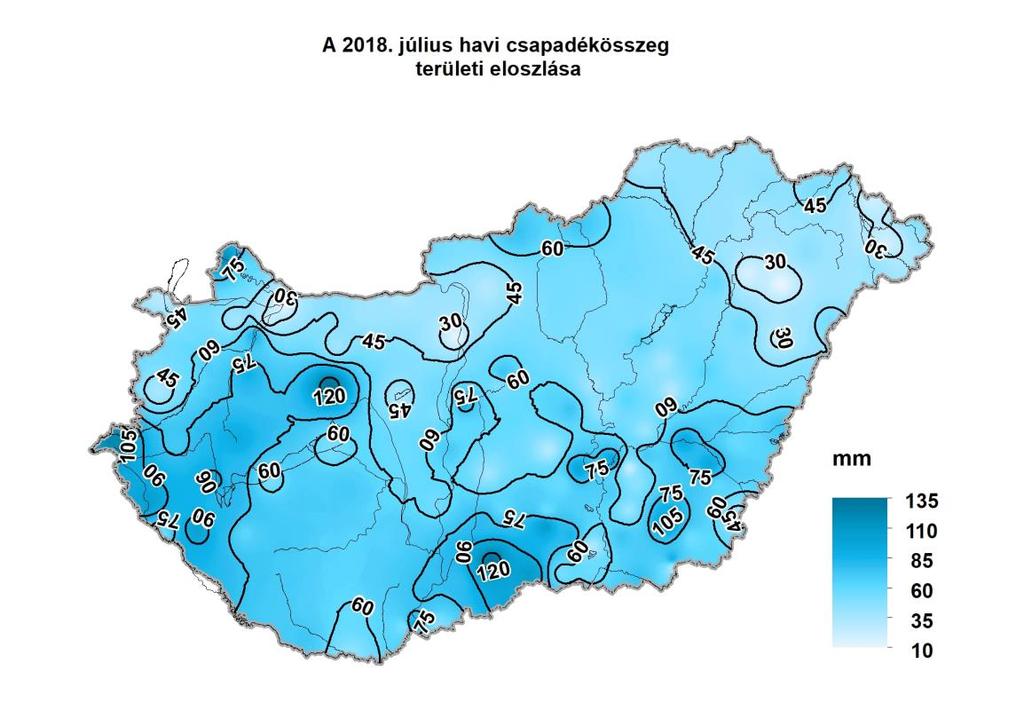 1. HELYZETÉRTÉKELÉS Csapadék 2018 júliusában a rendelkezésre álló adatok szerint az ország területére lehullott csapadék mennyisége 12 mm (Újfehértó) és 135 mm (Tés) között alakult.