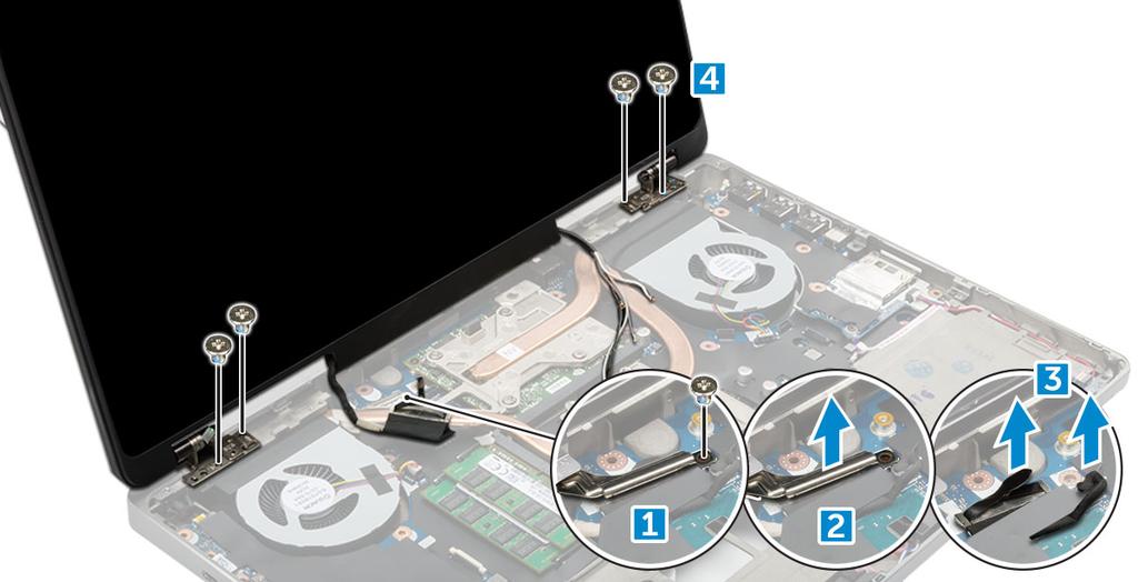 5 A kijelzőszerkezet eltávolítása: a Fordítsa meg a számítógépet és nyissa ki a kijelzőt. b Távolítsa el az M2,0X3 csavart, amelyek az edp-kábel keretét rögzítik [1].