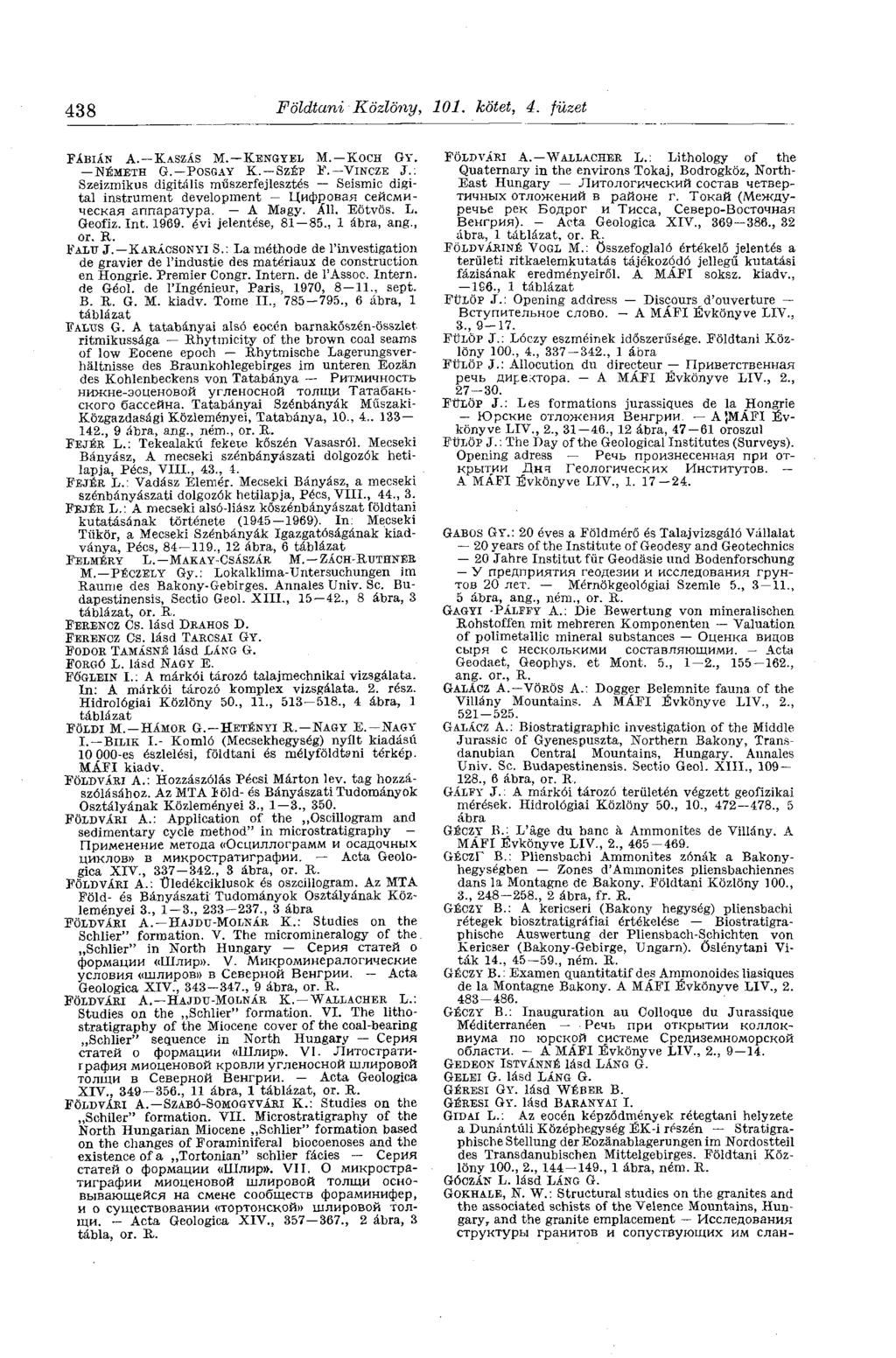 438 Földtani Közlöny, 101. kötet, 4. füzet FÁBIÁN A. KASZÁS M. KENGYEL M. KOCH GY. NÉMETH G. POSGAY K. SZÉP F. VlNCZE J.