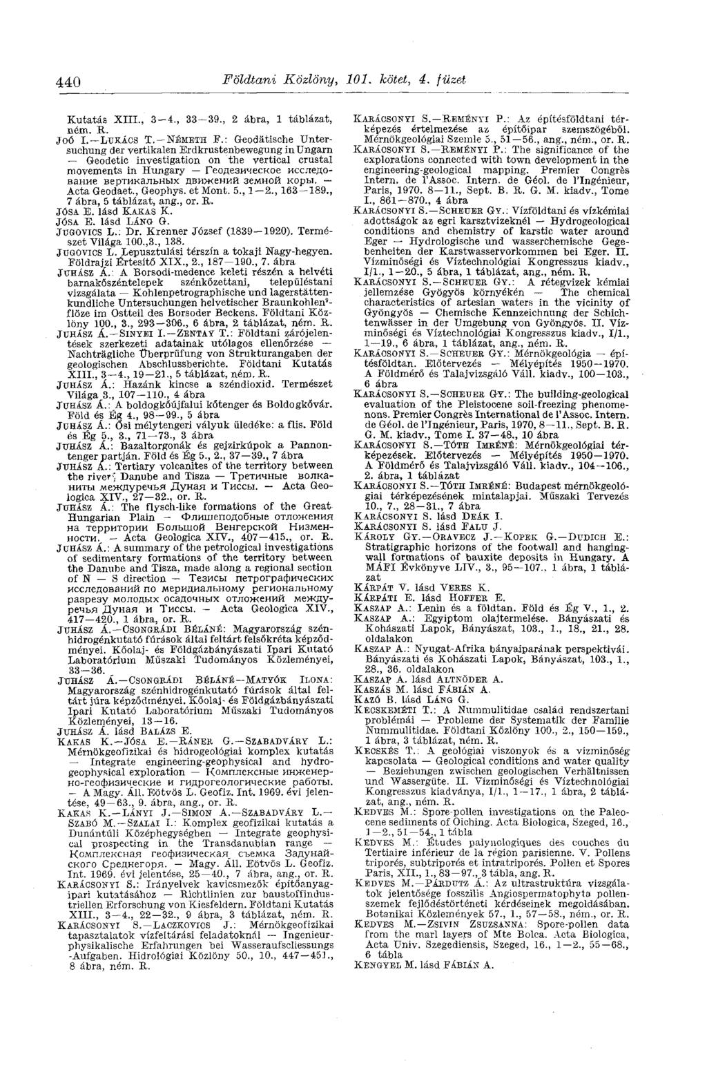 440 Földtani Közlöny y ÍOL kötet, 4. füzet Kutatás XIII., 3-4., 33-39., 2 ábra, 1 táblázat, ném. R. Joó I. LUKÁCS T. NÉMETH F.