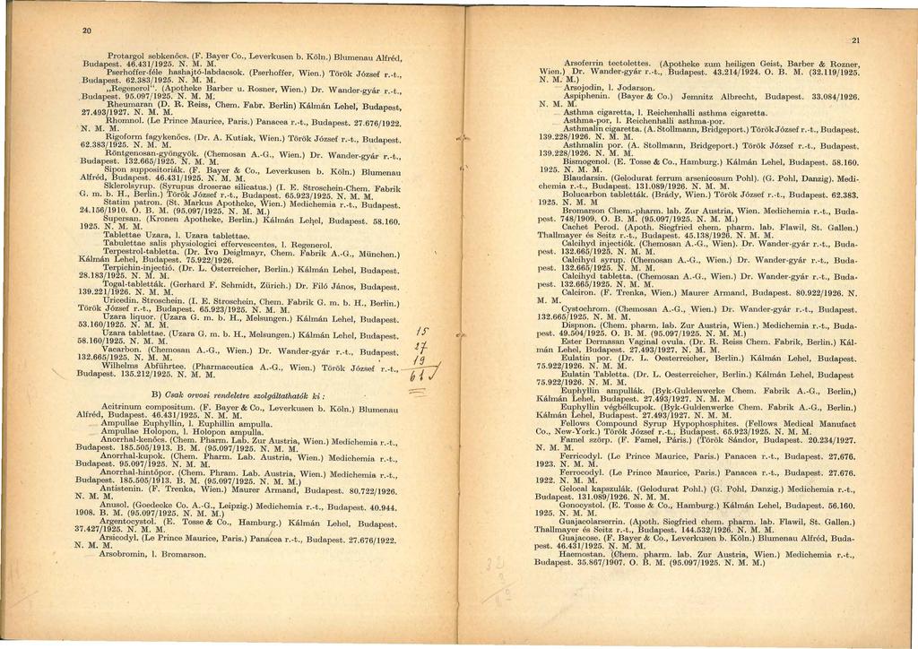 20 Protargol sebkenöcs. (F. Bayer Co., Leverkusen b. Köln.) Blumenau Alfréd, Budapest. 46.431/ 1925. N. :1"1 M.... Pserhoffer-féle hashajtó-labdacsok. (Pserhoffer, Wien.) Torok József r.-t., Budapest. 62.