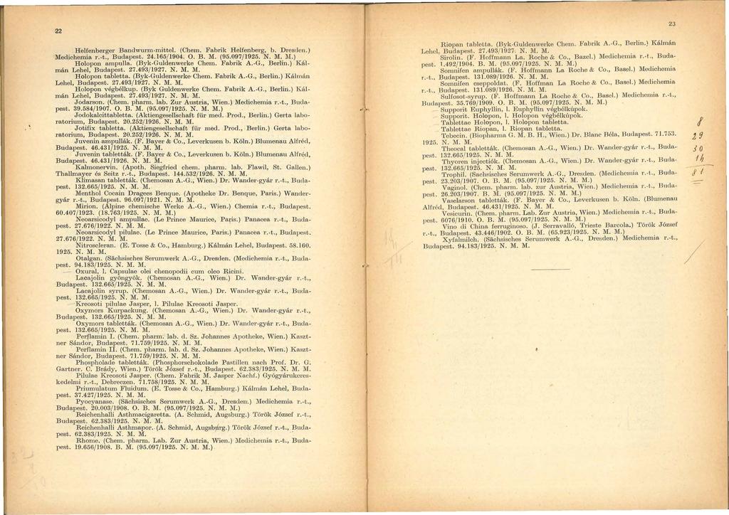 22 Helfenberger Bandwurm-mittel. (Chem. Fabrik Helfenberg, b. Dresclcn.) Medichemia r.-t Budapest. 24. 165/1904. 0. B. M. (95.097/1925. N. M. 111.) Holopon ampulla. (Byk-Guldenwerke Chem. :Fabrik A.