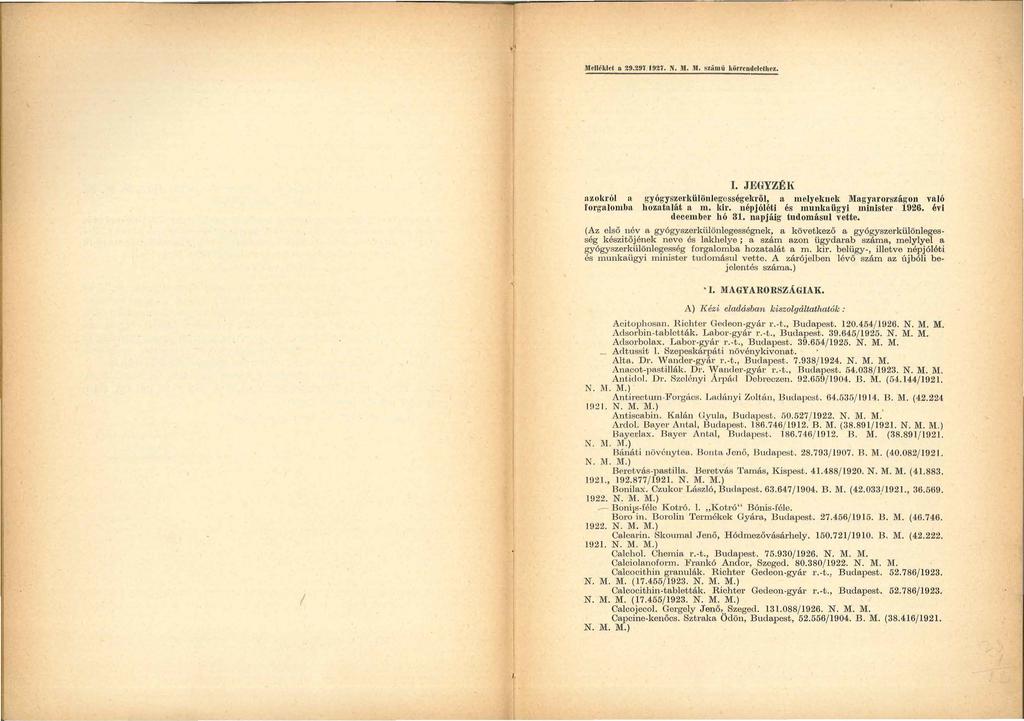 Melléklet a 29.297 19:t7. N. ~I. ~I. s r.ámú kiirrcodclcf hez. 1. JEGYZÉl( n zokr ól a gyóg yszo1 különlcg esség ekröj, a molyoknek llfagynrország on való fo1 galomba h ozatalát a m. kir.