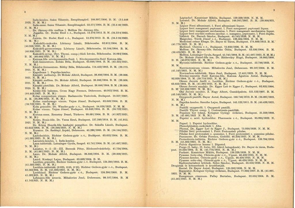 9 Inda-kenőcs. Szász Tihamér, Zemplénagárd. 108.997/ 1906. B. M. (3 5.446 1923. N. M. M.). Inda-szesz. Szász Tihamér, Zemplénagárd. 52.571/ 1904. B. M. (35.4 46/ 19'23. N.M. M.), Dr.