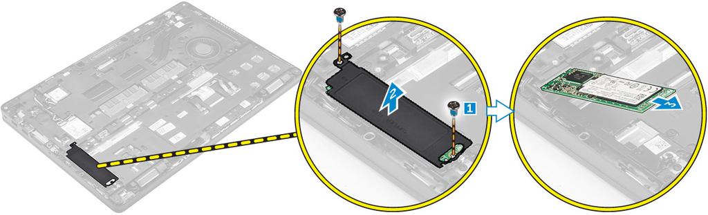 a. alapburkolat b. akkumulátor 3. A PCIe SSD eltávolítása: a. Távolítsa el a csavarokat, amelyek az SSD keretet az SSD-re rögzítik [1].