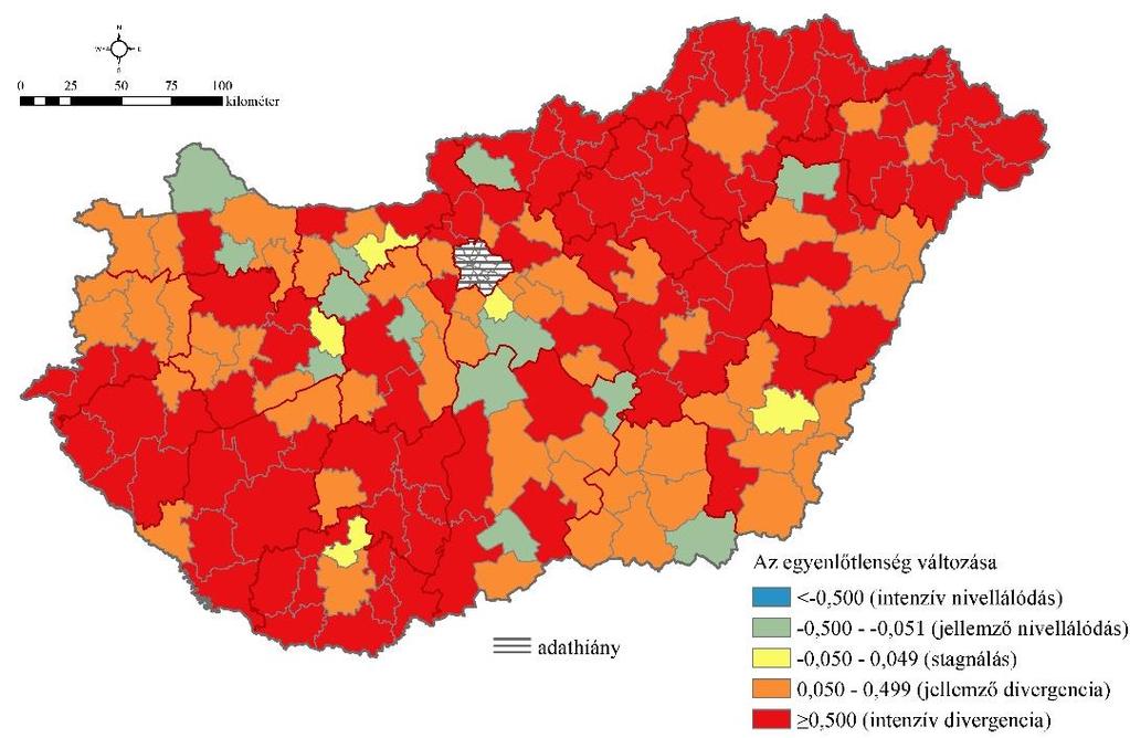 A járásokon belüli területi jövedelemegyenlőtlenségi trendek alakulása a Hoover (Robin Hood) index alapján számítva 1988-1994 1995-2000 Az idősorra illesztett lineáris regressziós egyenes