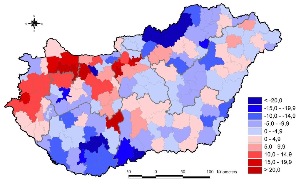 Területi jövedelmi folyamatok a rendszerváltás után A kistérségek vidéki átlaghoz viszonyított