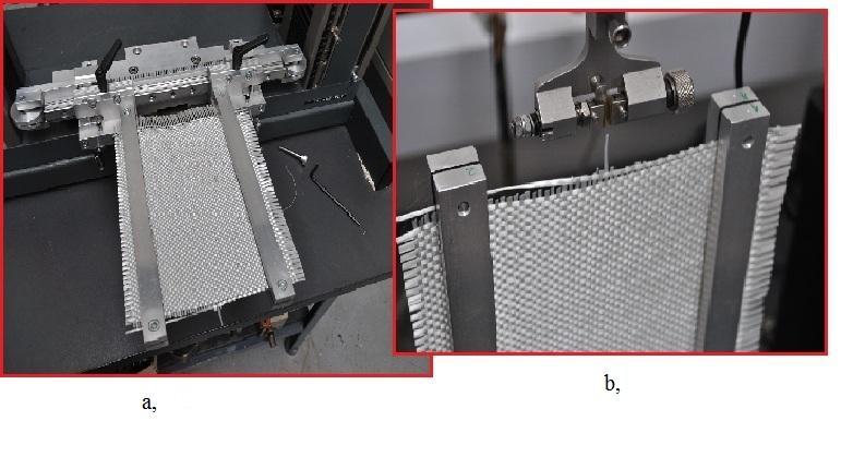 24. ábra Nyíróbefogó szálkihúzó vizsgálathoz a, előkészített anyag befogása ; b, a roving befogása a szálszakító fejbe 3.2.5.