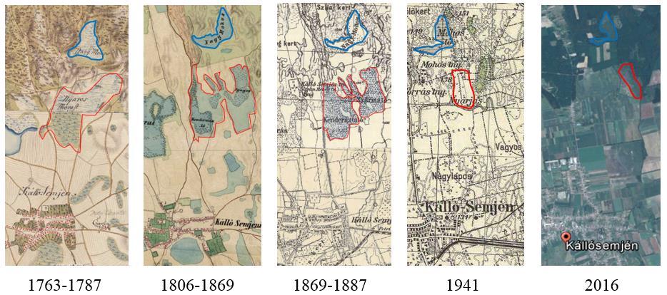 129 2. ábra: A Nyárjas láp partvonalának alakulása A fenti ábrán a Nyárjas partvonalát piros, míg a Mohos-tó szegélyét kék sokszögvonallal ábrázoltuk. A katonai felmérések alapján a láp a XIX.