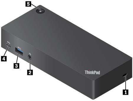 A ThinkPad USB-C Dock áttekintése 1 Biztonsági zár nyílása: A dokkolót az eltulajdonítás megakadályozása érdekében asztalhoz, padhoz vagy más, rögzített tárgyhoz láncolhatja.