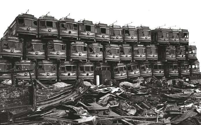 Pacific Electric Railway cars piled atop