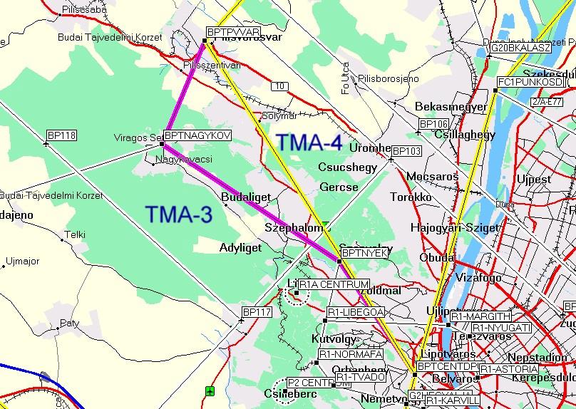 1. TMA-3 (3500 /1050m) LHHH-t érintő határvonal módosítása Kiegyenesíteni javasoljuk TMA-3 szektor határvonalát a Pilisvörösvár és Budapest centrum közötti szakaszon.