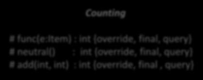 feltételes összegzés result := neutral() if cond(e) then result := add(result, func(e)) endif return true Counting Value = int Item # func(e:item) : int {override,