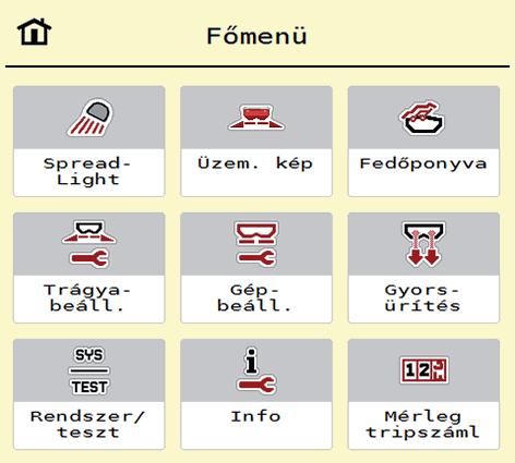 Kezelés AXIS EMC ISOBUS 4 4.3 Főmenü 4.1 ábra: Főmenü almenükkel Almenü Jelentés Leírás SpreadLight A munkafényszóró be-/kikapcsolása 64. oldal Fedőponyva A fedőponyva kinyitása/becsukása 65.