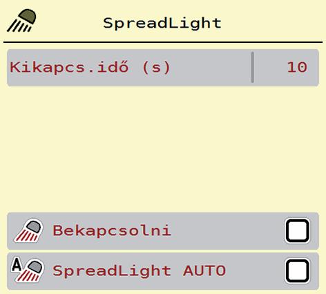 4 Kezelés AXIS EMC ISOBUS 4.10 Munkafényszóró (SpreadLight) Ebben a menüben kapcsolhatja be a SpreadLight funkciót, és ellenőrizheti a szórásképet éjszakai műszak idején is.