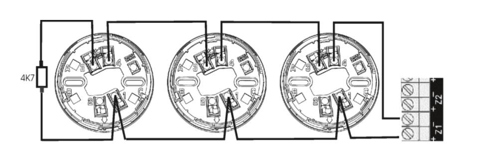 4. Érzékelők csatlakoztatása Az alábbiakban a tűzjelzők csatlakoztatásáról olvashat. 4.1 A zónák csatlakoztatása A zónára 32 eszköt lehet csatlakoztatni.