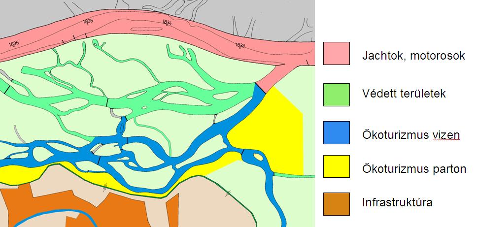 3.2.6 Idegenforgalom A megoldási javaslat egyik erőssége, hogy a természeti értékekhez igazodva szeparálja az ökoturizmust és a természet nagyobb zavarását okozó vízi turizmust.