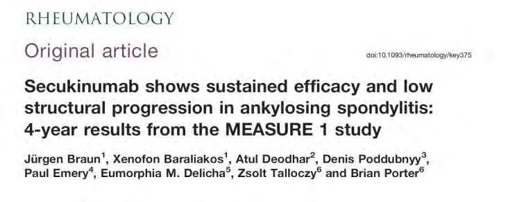 Secukinumab tartós hatékonyság és radiológiai progresszió gátlás SPA-ban a betegek közel 80%-ban nem volt radiológiai progresszió Braun J et al Secukinumab