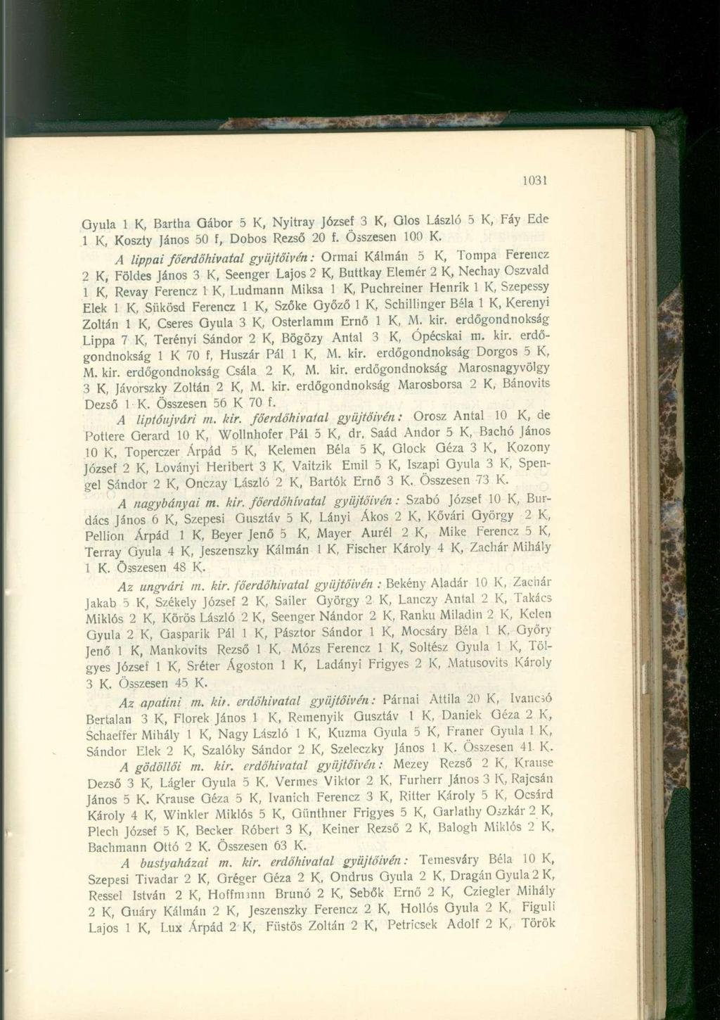 Gyula 1 K, Bartha Gábor 5 K, Nyitray József 3 K, Glos László 5 K, Fáy Ede 1 K, Koszty János 50 f, Dobos Rezső 20 f. Összesen 100 K.