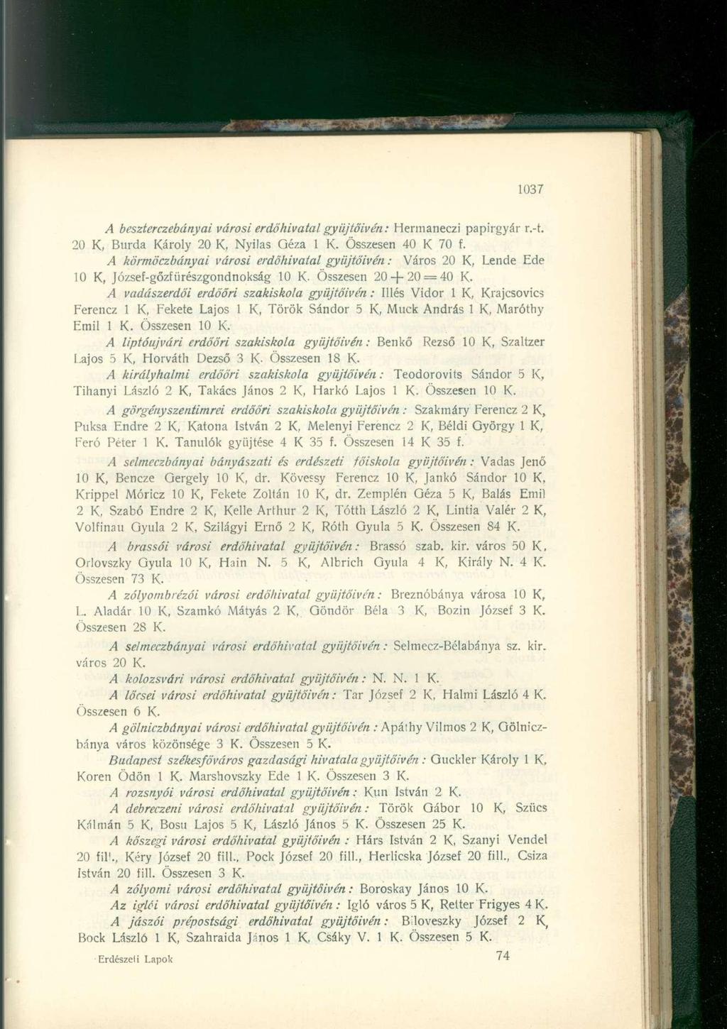 A beszterczebányai városi erdőhivatal gyüjtőivén: Hermaneczi papírgyár r.-t. 20 K, Burda Károly 20 K, Nyilas Géza 1 K. Összesen 40 K 70 f.