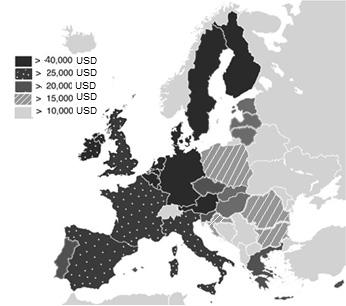 9. Tanulmányozza az alábbi térképvázlatot, majd válaszoljon a kérdésekre! Az egy főre jutó GDP az Európai Unió országaiban Forrás: https://upload.wikimedia.