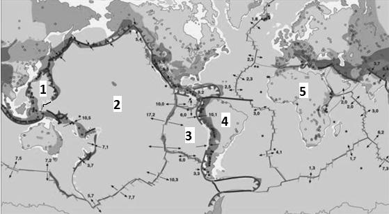 2. Tanulmányozza a kőzetlemezek mozgását bemutató térképvázlatot, és oldja meg a hozzá kapcsolódó feladatokat! A térkép forrása: https://pangea.blog.