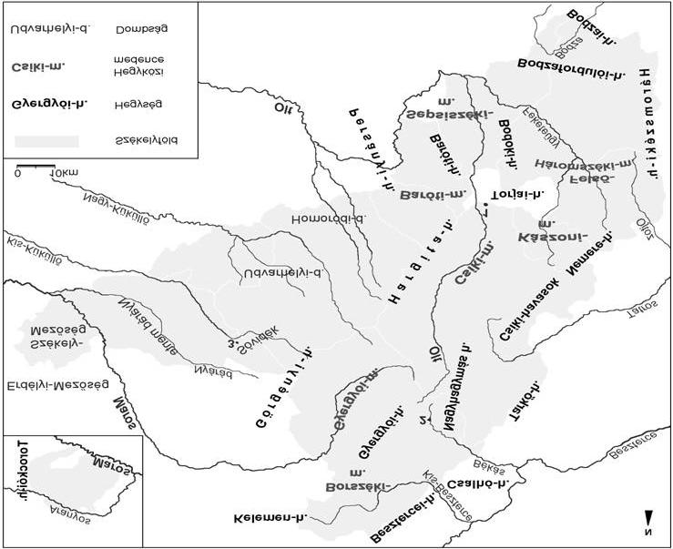 11. ábra. Székelyföld domborzata és vizei (1.Szent Anna-tó, 2.Gyilkos-tó, 3.