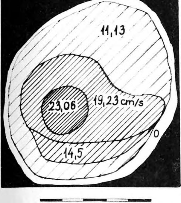 A barlangi széllökésmaximum ugyanebben a mérési sorozatban 53,3 cm/s. A járat légáramerőssége: I = 0,28 m3/s, ±14% (1976. augusztus). A járat légáramlási magja (4.