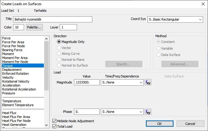 6.4 Terhelések definiálása: behajtó nyomaték (3) megadjuk a terhelés nevét (opcionális): Title Behajtó nyomaték kiválasztjuk a listából a terhelés típusát: [Torque] kiválasztjuk a terhelés
