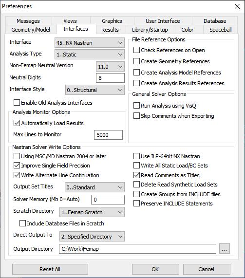 2.3 Femap beállítások: Interfaces a megoldó interface típusának beállítása (NX Nastran) az alapértelmezett megoldó típus beállítása (Static) Femap munkakönyvtár beállítása 0: