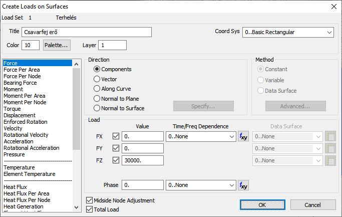 6.6 Terhelések definiálása: csavarfej erő (3) megadjuk a terhelés nevét (opcionális): Title Csavarfej erő kiválasztjuk a listából a terhelés típusát: [Force] kiválasztjuk a terhelés irányát:
